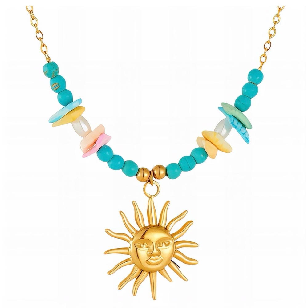 Sun Pendant Beaded Necklace 18k Gold Plated